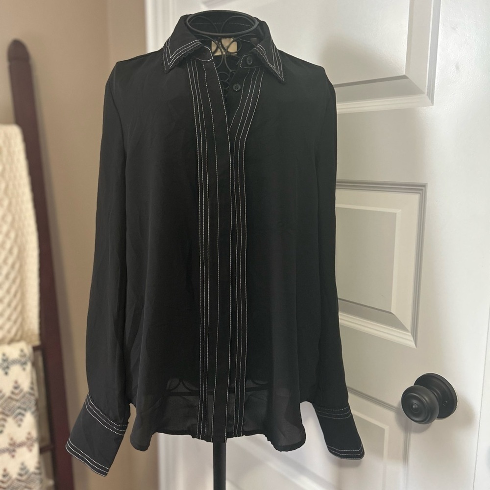 Elie Tahari Black Long Sleeved Blouse with White Stitching